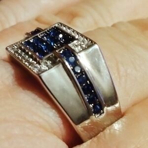 Blue and White CZ Men's Ring in Silver Tone over Brass